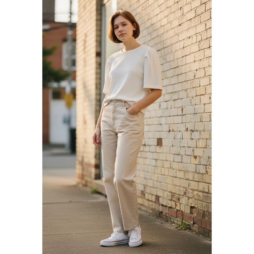 Zara Textured Knit Puff Sleeve Top Cream Off White Short Sleeve Blouse Large